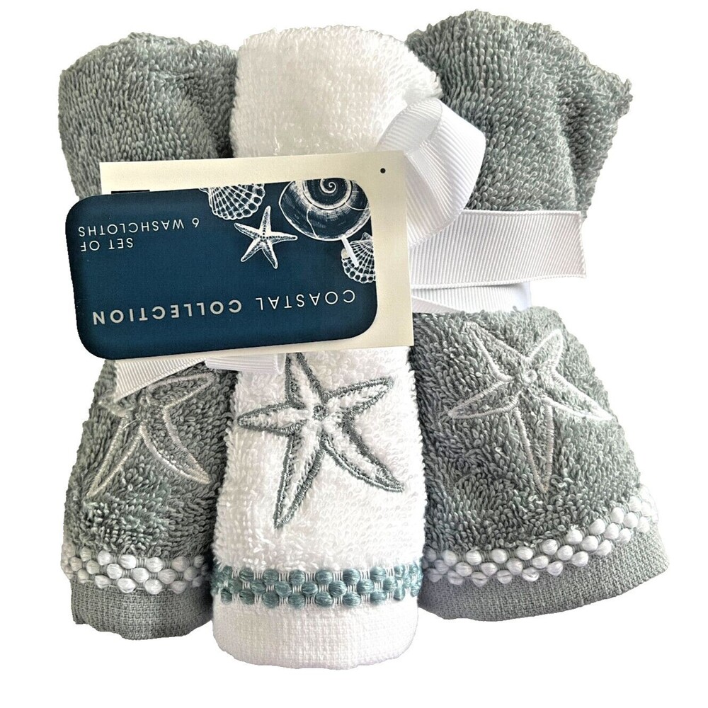 Coastal Collection Facecloths 12x12" Embroidered Starfish White Green Set of 6